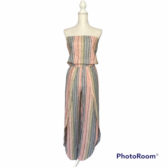 DREW Striped Tulip Leg Strapless Jumpsuit Linen Blend Pastel Rainbow Size Small - Picture 1 of 10